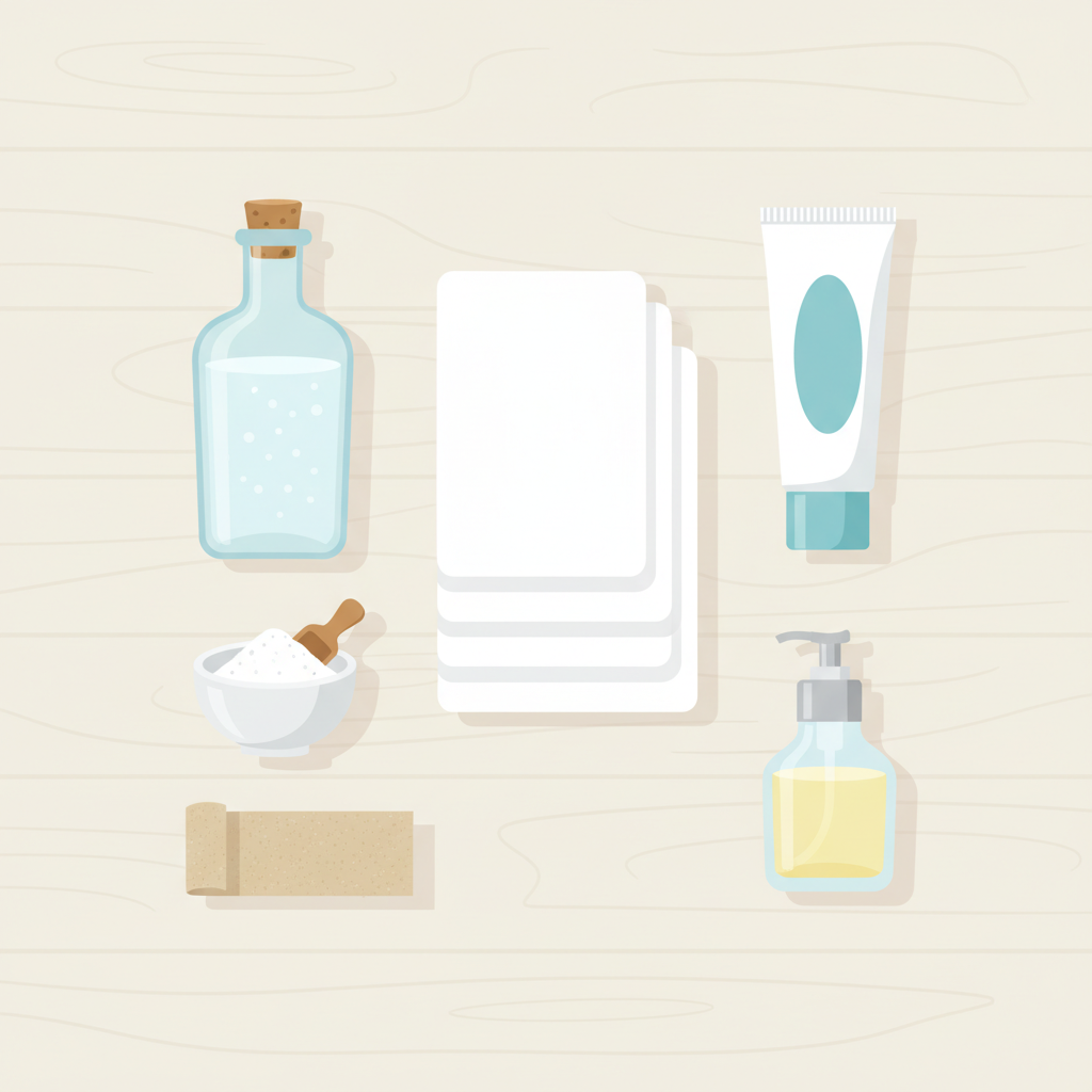 A bright, clean flat illustration showcasing a collection of common household items laid out neatly on a light wooden background. The items include a stack of folded white microfiber cloths, a clear bottle of white vinegar, a small bowl of baking soda, a tube of white toothpaste, a small dispenser of vegetable oil, and a delicate piece of fine-grit sandpaper. The composition should be organized and visually appealing, implying a readiness for a cleaning task, with soft shadows for depth. The style is modern and accessible.