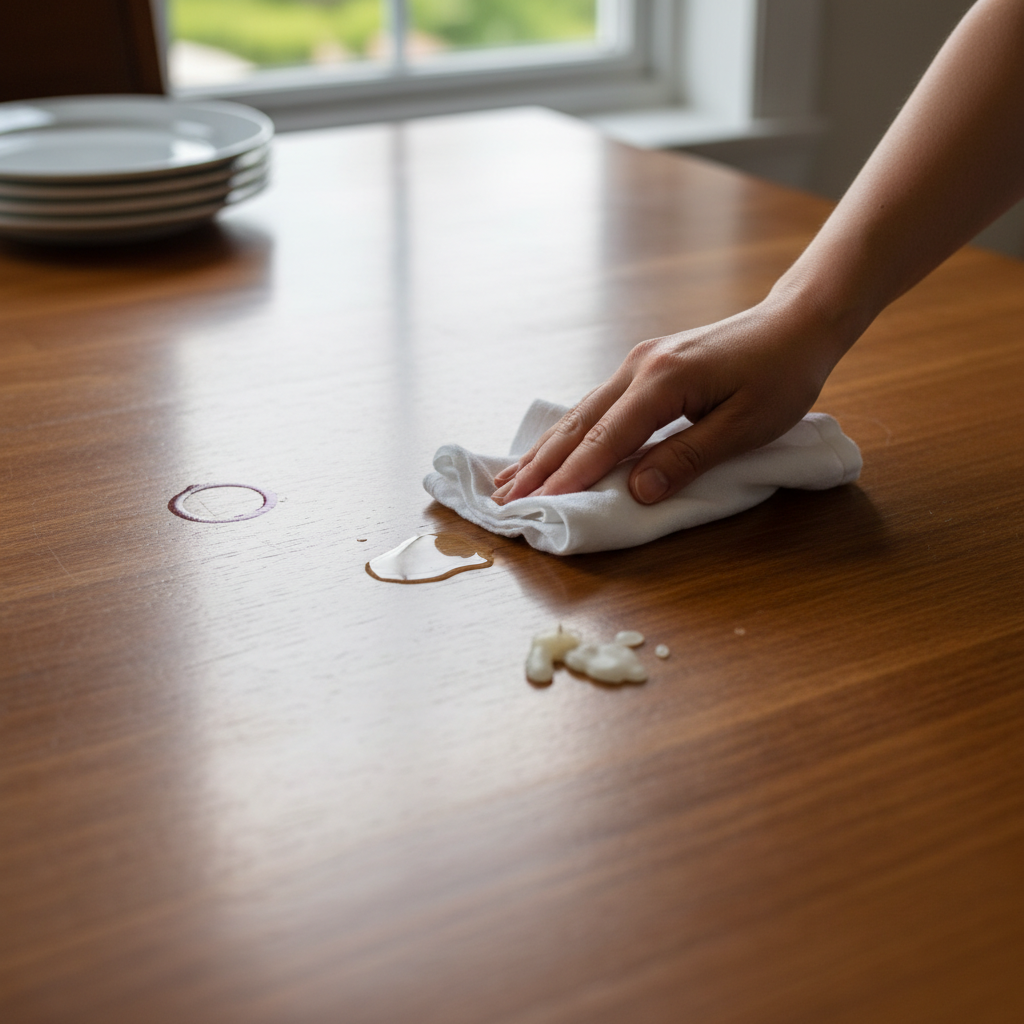 A professional photo, shot from a slightly elevated angle, showcasing a beautifully maintained wooden dining table. On its surface, several distinct but subtly integrated common stains are visible: a small, dry red wine ring, a light coffee splash, a faint water ring from a glass, and a hardened candle wax drip. A soft, clean hand is gently dabbing a fresh liquid spill with a pristine white cloth, emphasizing immediate action without scrubbing. The lighting is warm and natural, highlighting the wood grain and the overall inviting atmosphere of the table, suggesting both daily use and careful maintenance.