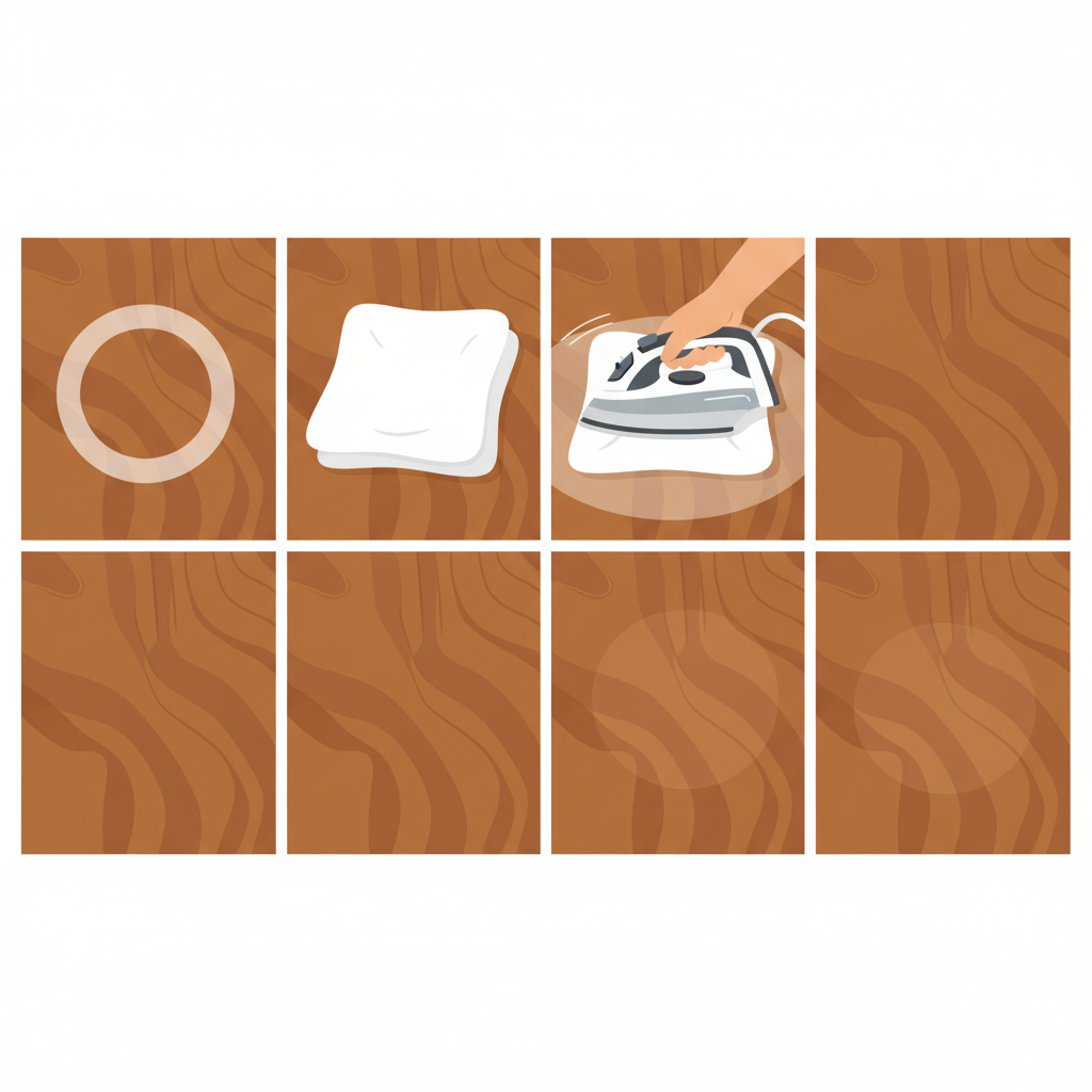 A detailed, clean flat illustration depicting the process of removing a water ring from a wooden table using the iron method. The illustration is divided into a subtle sequence: First, a clear white water ring on a rich wooden surface. Second, a crisp, folded white cotton cloth is carefully placed over the ring. Third, a hand holds a warm, non-steam iron, gently pressing it onto the cloth over the affected area. Finally, the same spot on the table appears spotless and polished, with no trace of the water ring, illustrating a successful outcome. The style is modern, friendly, and visually instructive.
