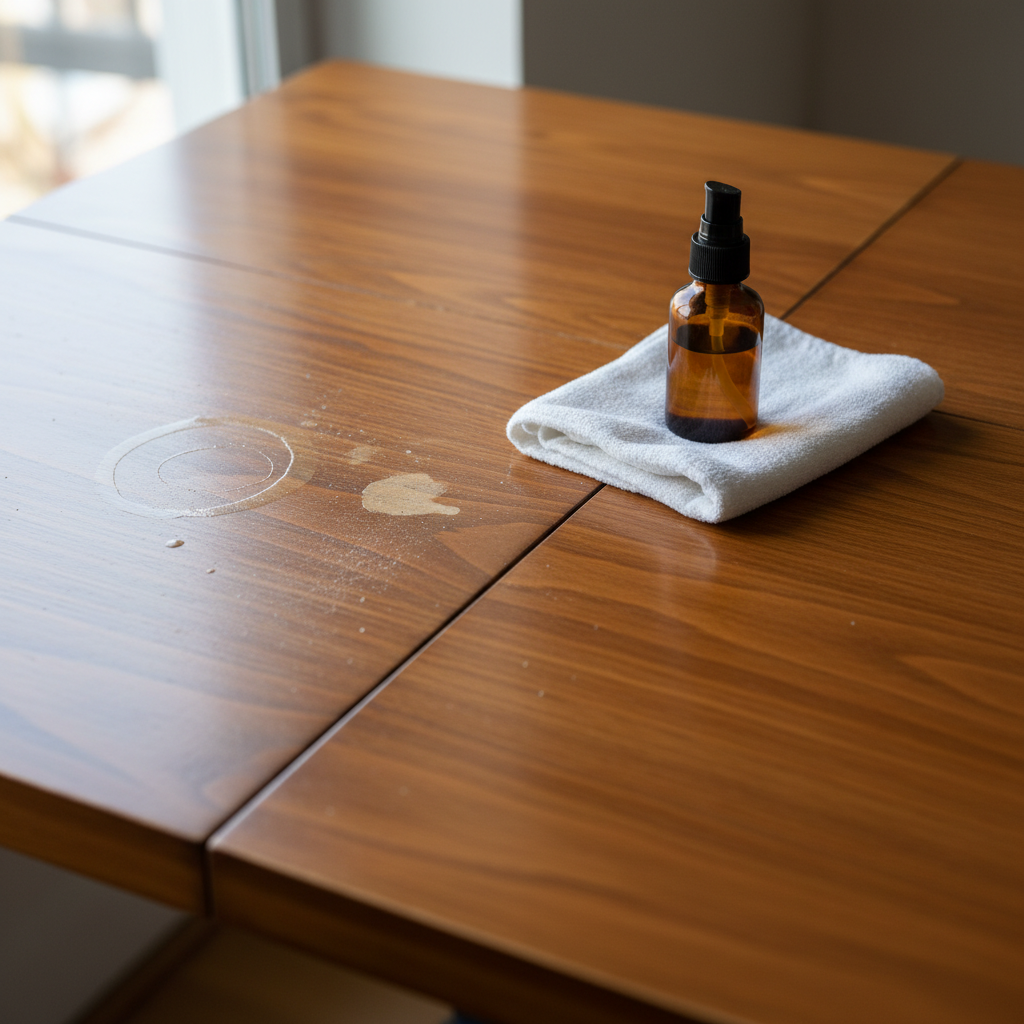 A detailed, close-up composition showcasing the transformation of a wooden table surface. On one side, subtle but visible imperfections like a dried water ring stain, a faint coffee smudge, and fine dust accumulation are present on the wood's natural grain. On the other side, the wood appears pristine, gleaming, and well-maintained, with its natural patterns prominent and restored. A soft, clean cloth or a small, generic bottle of wood-safe cleaner is subtly placed near the visual division, hinting at the cleaning process. High-resolution, artistic close-up photography, emphasizing texture and light, with a clean and polished aesthetic.