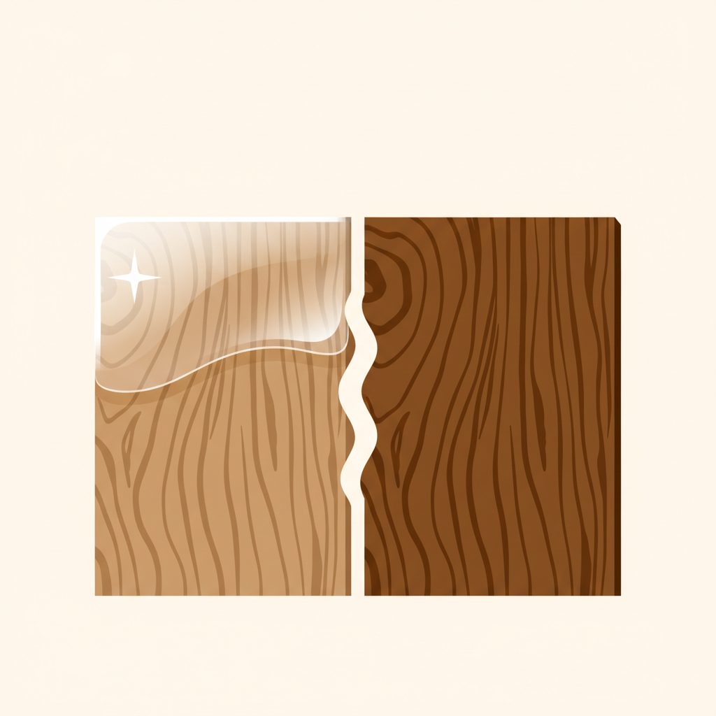 A clean, infographic-style illustration depicting the cross-section of two different wooden door finishes. On one side, represent a 'lacquered' finish with a thick, glossy, protective layer clearly visible on top of the wood grain. On the other side, show an 'oiled' finish where a liquid appears to have absorbed deeply into the wood fibers, enhancing the natural grain without forming a distinct surface layer. The wood itself should have a consistent, natural texture. Use a limited, sophisticated color palette to emphasize clarity and educational purpose, suitable for a detailed explanatory visual in a blog article.