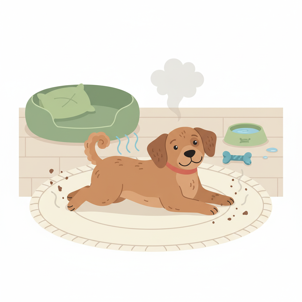 A vibrant flat illustration depicting the various sources of dog odor within a home environment. The central element is a friendly, medium-sized dog playfully lying on a clean rug. Around the dog, several stylized visual cues represent the origins of smell: subtle wavy lines emanating from its fur suggest natural oils and bacteria, tiny dirt particles float near its paws, and a faint, almost invisible vapor cloud hints at volatile organic compounds. The overall scene should convey the presence of these elements in a clear, infographic style, focusing on explaining the causes. The color palette should be clean and approachable, using soft natural tones.