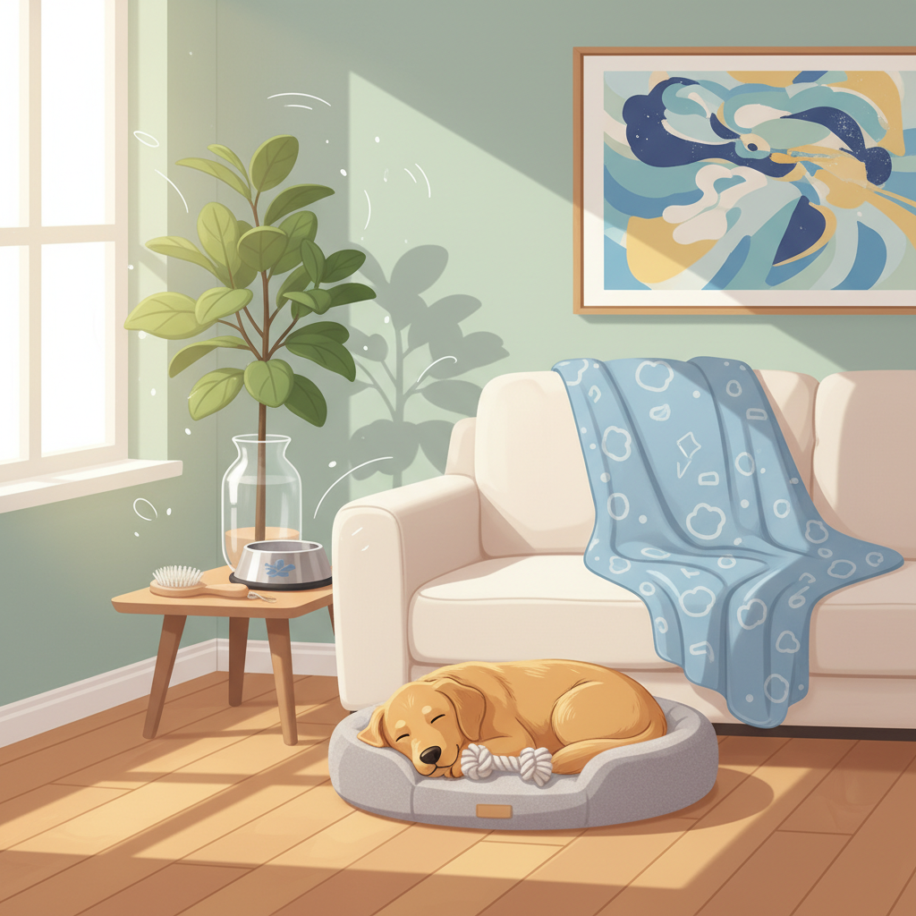 A warm and inviting professional illustration showcasing a fresh, odor-free living room with a happy dog. The scene features a clean, sunlit living space with comfortable, well-maintained furniture, perhaps a freshly washed blanket draped over a sofa. A well-groomed, joyful dog is playfully interacting with a clean toy or resting peacefully on a designated pet bed. In the foreground or subtly integrated into the background, elements symbolizing freshness and cleanliness are present, such as a neat dog brush, a sparkling clean dog bowl, or a small, vibrant houseplant. The atmosphere radiates comfort, cleanliness, and the joy of a fresh home.
