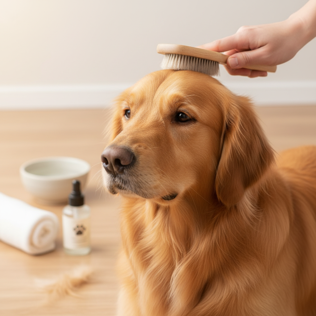 A professional photo of a happy, well-groomed golden retriever sitting calmly beside a person's hands, which are gently brushing its fur. The dog's coat looks shiny and clean, and its eyes convey contentment. In the soft-focus background, hints of grooming tools like a gentle dog brush, a small bottle of mild dog shampoo, and a clean towel are visible, suggesting a holistic approach to hygiene. The overall scene should evoke a sense of freshness, care, and a pleasant, odor-free environment, emphasizing the bond between owner and pet through grooming. The lighting is soft and natural.
