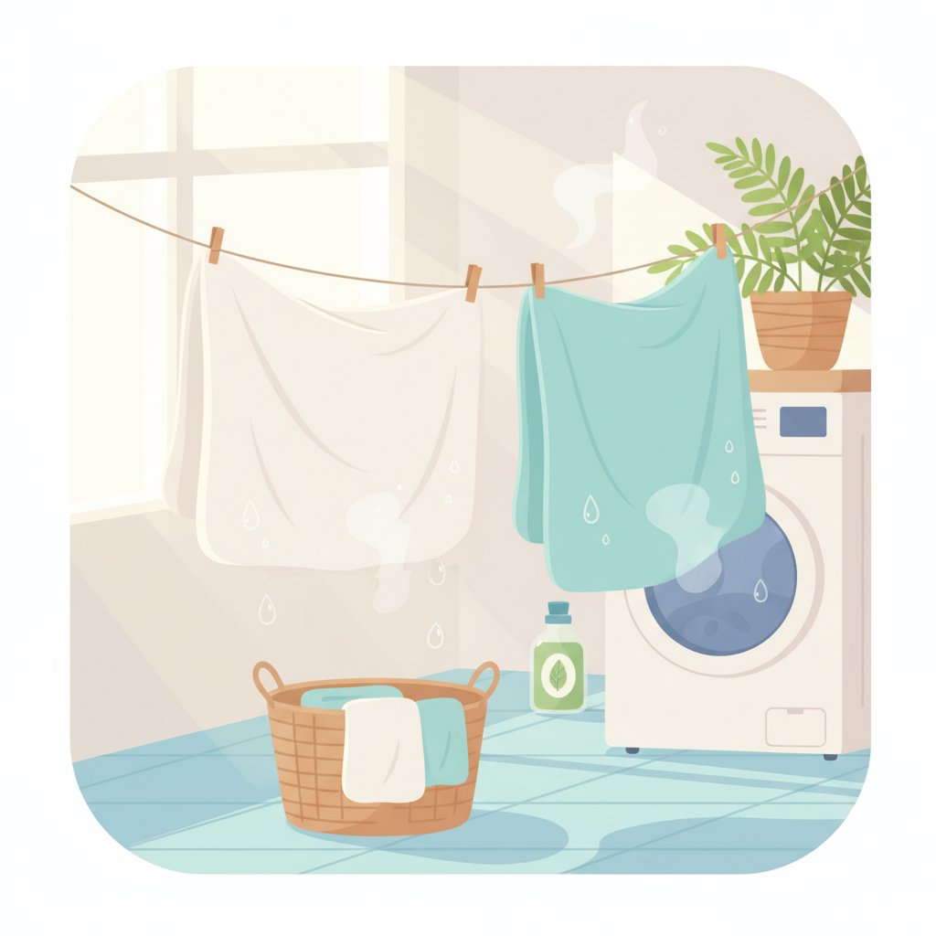 A vibrant flat illustration depicting a bright, airy utility room or a sunny outdoor space. In the foreground, a fluffy, freshly washed dog bed cover and a clean blanket are hung to dry, gently swaying. Subtle water droplet or steam visual cues could suggest recent washing. In the background, a modern washing machine and perhaps a small bottle of eco-friendly laundry detergent are subtly visible. The overall color palette is fresh and clean, using light blues, whites, and greens, conveying a strong sense of hygiene and an odor-neutralized home environment. The scene should feel inviting and emphasize cleanliness.