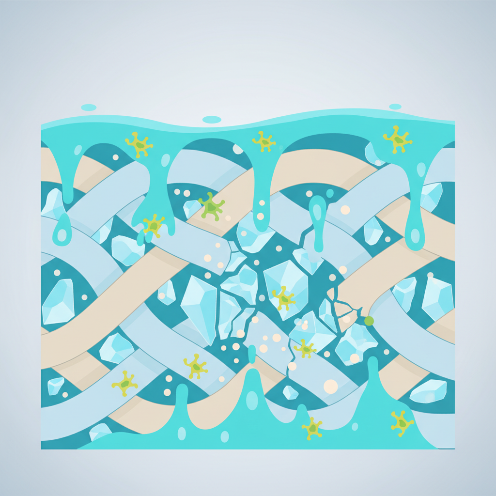 A detailed, flat illustration depicting a microscopic cross-section of a sofa fabric. Deep within the fabric fibers, small, sharp, crystal-like structures are visibly embedded, representing crystallized uric acid. An enzymatic cleaning solution, shown as a fluid with tiny, active enzyme shapes, is penetrating the fabric and actively breaking down these crystals into smaller, neutral particles. The illustration should clearly convey the deep-seated nature of the problem and the targeted action of the enzymatic cleaner, using a clean, scientific, and infographic-like style with clear visual separation of elements.