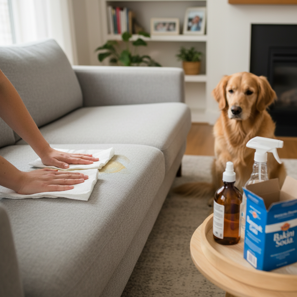 A professional, warm, and inviting photograph showcasing a domestic scene. A modern, comfortable sofa has a slightly damp, discolored spot on its cushion. A pair of hands is actively pressing down several layers of absorbent paper towels or cloths onto the affected area, demonstrating immediate action. Nearby, on a small table or tray, an enzymatic cleaner bottle, a spray bottle, and a box of baking soda are neatly arranged, ready for use. A calm, friendly dog (e.g., a Labrador or Golden Retriever) is sitting a short distance away from the sofa, looking slightly remorseful or curious, conveying the article's subject matter in a relatable way.
