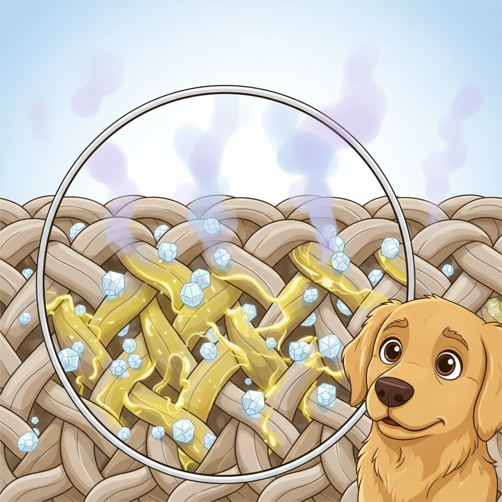 An intricate scientific illustration depicting a cross-section of a carpet fiber. Magnified, yellow liquid representing dog urine is shown deeply embedded within the fibers. Tiny, crystalline structures (uric acid) are visible clinging to the fibers, with faint wisps of gas (ammonia) rising from them, subtly indicating the unpleasant odor. A stylized, friendly dog character is playfully peeking from the side of the frame, looking slightly sheepish. The overall style should be clean, modern, and informative, suitable for explaining a complex process visually.