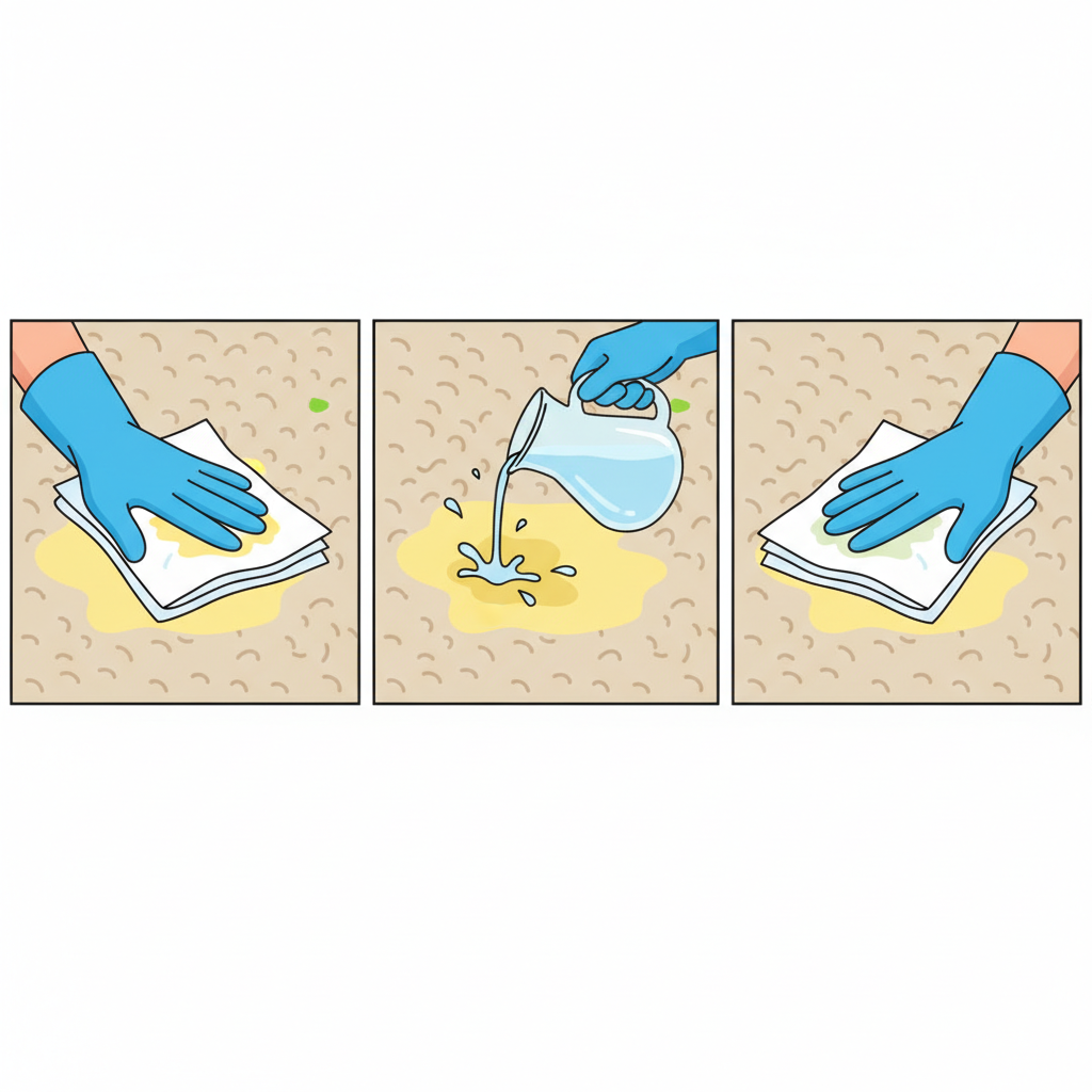 A series of three distinct, sequential panels in a clean, flat illustration style, showcasing the immediate steps to clean dog urine from a carpet. The first panel shows a hand pressing several absorbent paper towels firmly onto a visible yellow stain on a beige carpet. The second panel shows a small splash of cold water being gently applied to the now-dampened spot. The third panel depicts the hand again, pressing fresh paper towels to absorb the diluted liquid. The focus is on the action and the tools, emphasizing speed and efficiency. The overall color palette should be bright and clean, conveying a sense of hygiene and resolution.