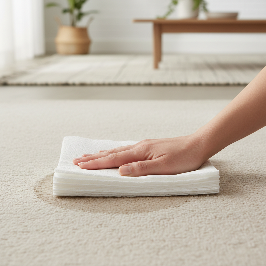 A professional, well-lit photo from a slightly elevated angle shows a hand pressing a stack of clean, white paper towels firmly onto a light-colored carpet. A subtle, damp area on the carpet is visible where the towels are absorbing liquid. The background is slightly blurred, hinting at a modern home interior, perhaps with a soft rug texture. The focus is on the action of absorption, conveying urgency and effectiveness. The overall mood is clean and practical, emphasizing immediate, decisive action against a spill.