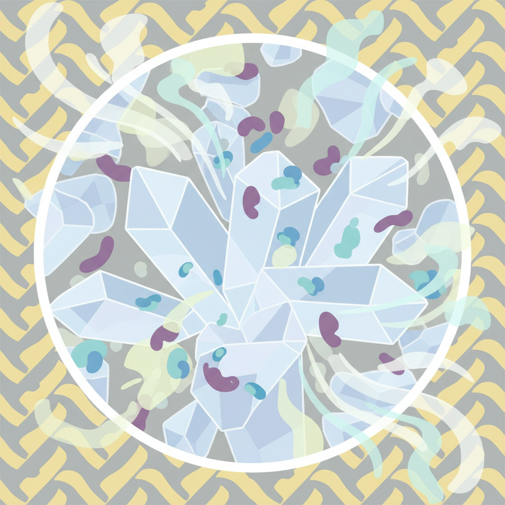 A vibrant, clean flat illustration depicting the microscopic science behind dog urine odor. The central focus is an abstract, magnified view of a textured surface, possibly carpet fibers, showing small, crystalline structures representing uric acid. Tiny, abstract bacterial shapes are shown interacting with these crystals, with subtle, wavy lines emanating to symbolize odor. The color palette is fresh and clear, using light blues, purples, and muted yellows, avoiding anything overtly unpleasant, to explain the concept visually without being gross.