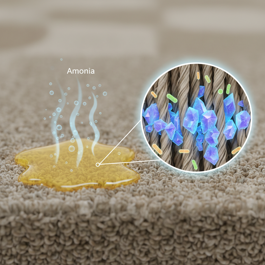 A detailed scientific illustration or infographic-style image depicting a cross-section of a porous surface like carpet fibers. On the surface, a fresh dog urine puddle is shown. A magnified inset or overlay reveals the microscopic composition: distinct, crystalline structures representing uric acid embedded deeply within the fibers, alongside smaller, almost invisible bacterial organisms. Ammonia gas particles are subtly depicted rising from the stain. The color palette should use muted tones for the background and distinct, slightly glowing colors for the chemical components to emphasize their presence and persistence.