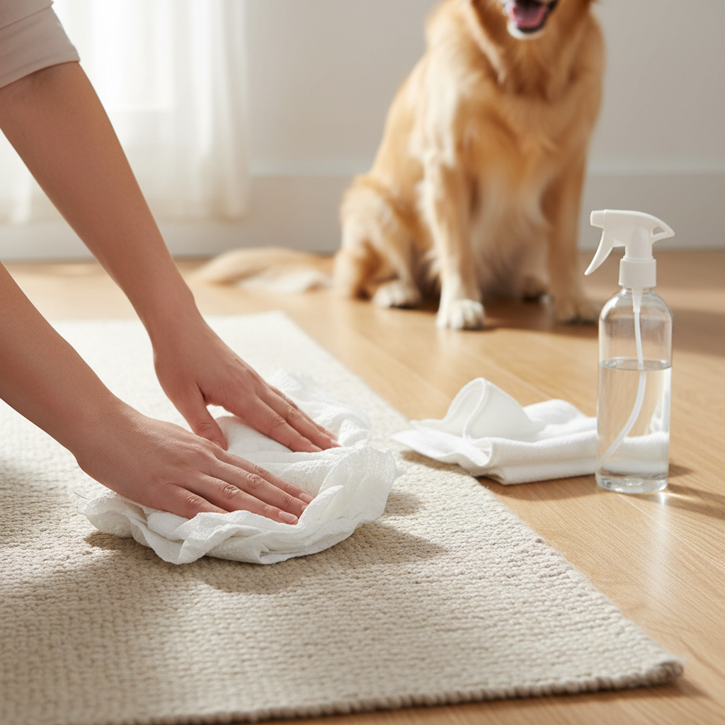 A bright, clean professional photo or realistic illustration capturing a close-up scene of a person's hands actively cleaning a fresh dog urine spot on a light-colored rug or wooden floor. One hand holds a stack of absorbent paper towels or a thick cloth, pressing firmly down onto the wet area to soak up the liquid. Another hand might be reaching for a spray bottle (unlabeled) or a clean damp cloth for dabbing. The scene conveys urgency and effective action, with a clean, well-lit environment and perhaps a happy, well-behaved dog partially visible in the soft-focus background.