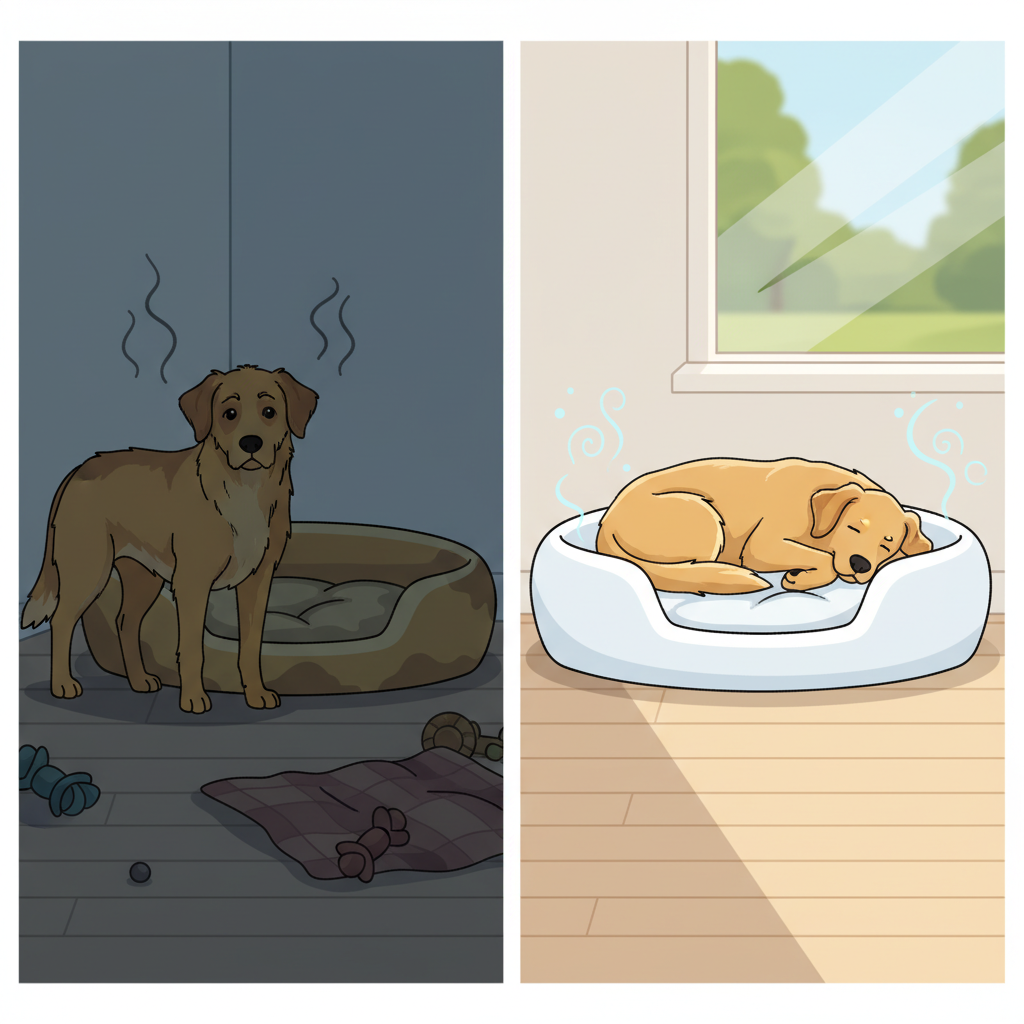 A vibrant, split-scene flat illustration depicting the transformation of a dog bed. On the left side, a dingy, slightly discolored dog bed is in a shadowed, cluttered corner, with a desaturated color palette. Subtle visual cues of unpleasantness, like faint, dark, wavy lines rising from it. A dog stands hesitantly nearby. On the right side, the same dog bed is now bright, fluffy, and pristine, placed in a clean, airy space bathed in sunlight. Gentle, light-colored swirls represent freshness. A happy dog is curled up comfortably on the clean bed, relaxed and content.