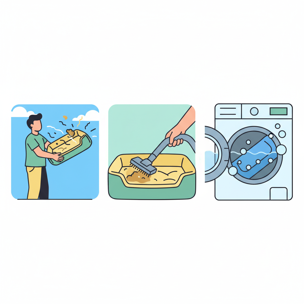 An infographic-style illustration showcasing the fundamental steps of dog bed cleaning. The image features three distinct actions without panel borders, blending smoothly. First, a person vigorously shakes a dog bed outdoors, with stylized dust and hair particles visibly dispersing into the air. Second, a close-up perspective of a hand operating a vacuum cleaner attachment over the surface of a dog bed, effectively removing debris. Third, the interior of a washing machine drum, where a dog bed cover is visibly tumbling in clean water, surrounded by gentle, stylized bubbles. The overall aesthetic is clean and instructional.