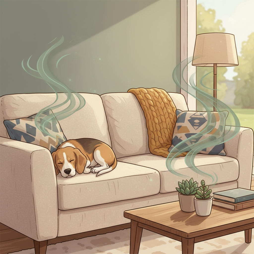 A cozy living room scene featuring a comfortable, fabric sofa. A friendly, medium-sized dog (e.g., a Labrador or a Beagle) is curled up contentedly on one end of the couch. Subtle, translucent greenish-grey 'odor' wisps or waves are visually emanating from the couch cushions and fabric, representing the unseen lingering smell. The overall atmosphere should be inviting but subtly hint at the problem. Style: Soft, warm digital illustration with a clean, slightly modern aesthetic.