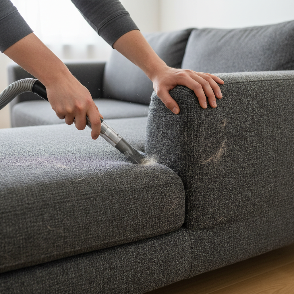 A close-up, dynamic shot of a person's hands thoroughly vacuuming a modern fabric sofa. One hand holds a slim vacuum cleaner attachment, meticulously cleaning deep between the couch cushions and into the seams. The other hand is slightly lifting a cushion or patting the fabric, emphasizing the detailed cleaning process. Visible dog hair and fine dust particles are clearly being suctioned into the vacuum. Style: Bright, clean, professional photo with a focus on action and effective preparation.