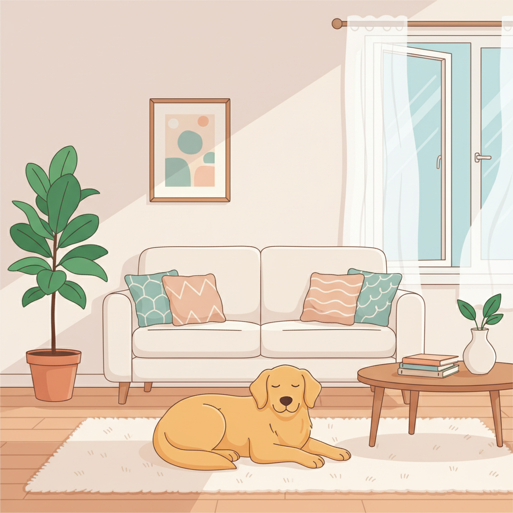 A flat illustration depicting a cozy, fresh living room bathed in natural light. A well-groomed, happy dog (e.g., a golden retriever or labrador) lies peacefully on a clean, light-colored rug. The room features elements like a vibrant green houseplant and a subtle hint of an open window, symbolizing freshness and good air circulation. The overall scene conveys a sense of cleanliness, comfort, and the absence of unpleasant odors, creating an inviting atmosphere. Use soft, modern colors and clean lines for a visually appealing and positive feel.