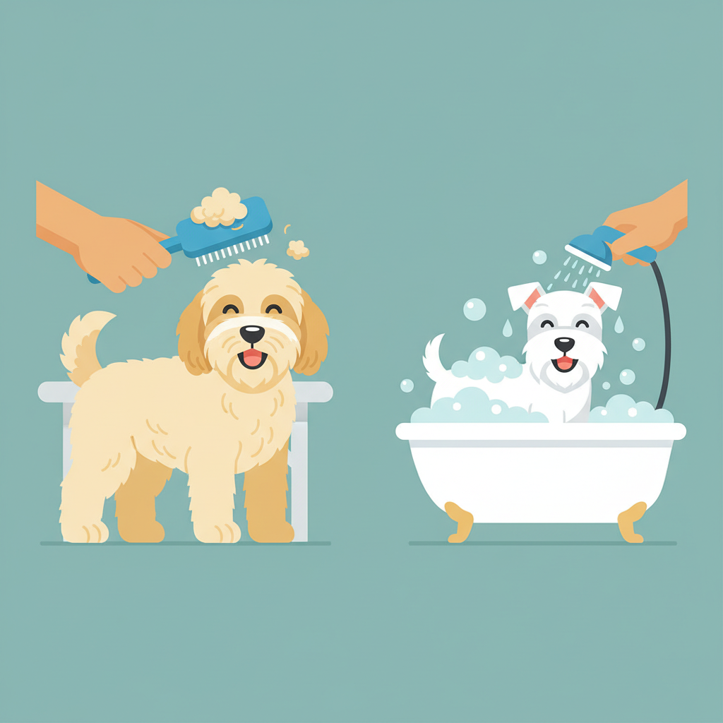 A stylized vector art illustration, designed in an infographic style, depicting two essential dog grooming activities. On one side, a gentle hand is shown carefully brushing the fur of a medium-sized dog, with a neat pile of loose fur being collected by the brush. On the other side, a dog is being bathed in a clean tub, with gentle suds and water indicating the washing process. The illustration should emphasize care, cleanliness, and the effectiveness of these actions, using clear, simple shapes and a bright, approachable color palette to convey helpfulness and ease.