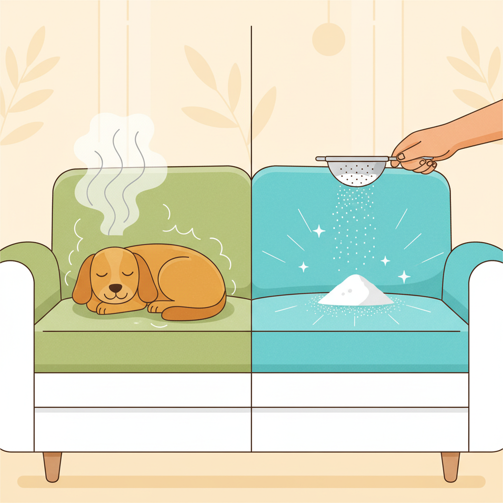 A stylized flat illustration depicting a split scene on a sofa. On the left side, a friendly dog is comfortably resting on a sofa cushion, with subtle, light grey wavy lines or a faint cloud visually emanating from the fabric, symbolizing an unpleasant odor. On the right side of the illustration, the same sofa cushion appears visibly fresh and clean, perhaps with a subtle sparkle or light rays, and a hand is seen gently sprinkling a white powder (representing baking soda) over the surface. The overall color palette should be inviting and clean, highlighting the contrast between the problematic odor and the effective solution.
