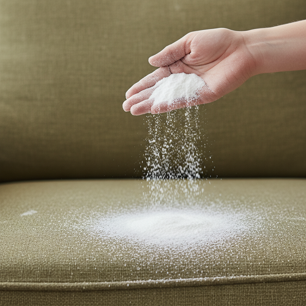 A close-up, professional studio photograph of a textured fabric sofa cushion. A human hand, reaching into the frame from the top or side, is captured in motion, gently sprinkling a generous, fine white powder (clearly identifiable as baking soda) evenly across the sofa's surface. The fabric of the sofa should show subtle signs of use or a slightly muted tone, while the baking soda stands out brightly. The background is softly blurred to maintain focus on the cleaning action and the sofa material. The lighting is crisp and natural, emphasizing cleanliness and the beginning of a deodorizing process.