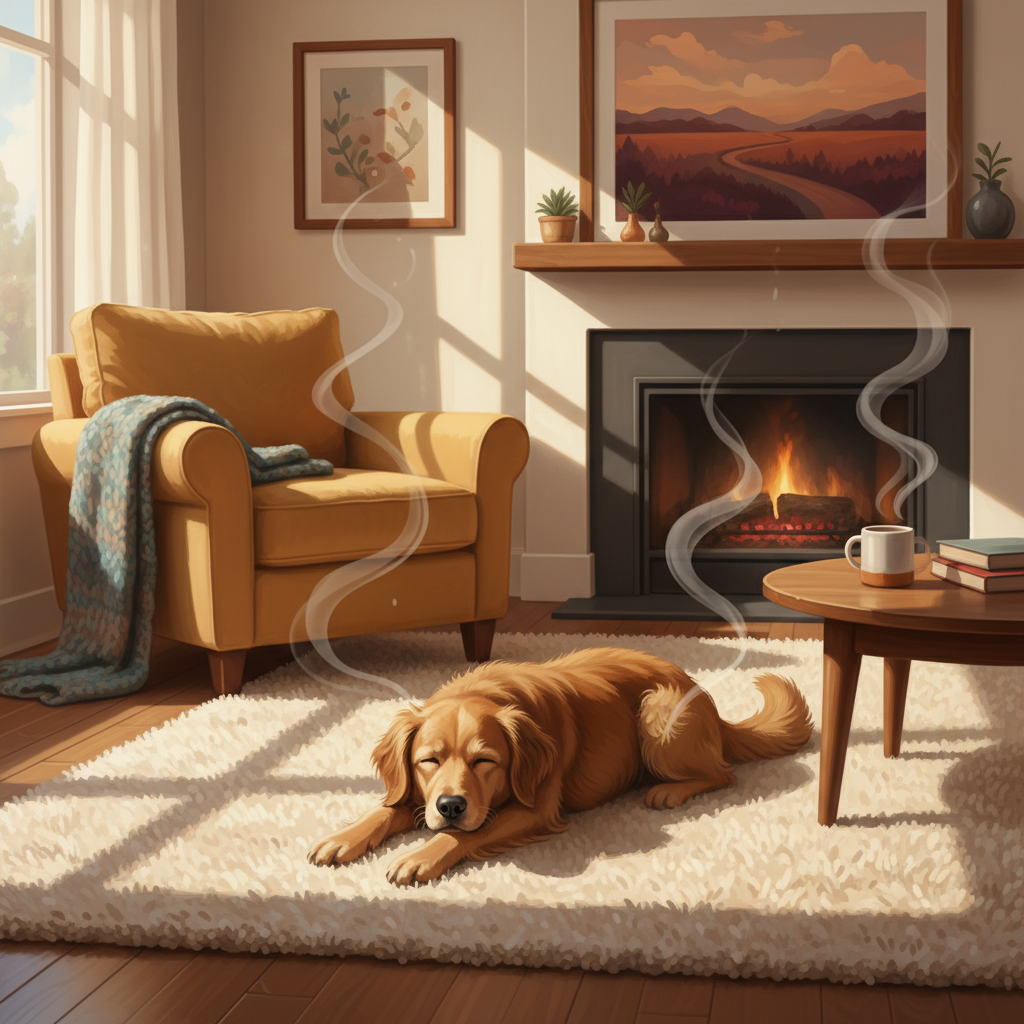 A cozy living room scene with a fluffy, relaxed dog resting comfortably on a plush, textured carpet. Subtly emanating from the carpet fibers, there are faint, wavy, brownish-grey cloud-like shapes, visually representing lingering, unpleasant odor molecules. The room itself should look otherwise clean and warm, creating a visual contrast with the subtle representation of the invisible smell. The overall style should be a soft, inviting digital painting with a slightly melancholic undertone, emphasizing the common problem of pet odors without being overly graphic, suitable for a blog post.
