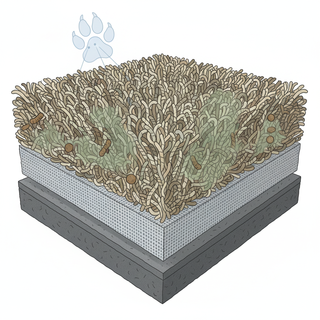 A detailed cross-section illustration of a carpet's fibers, revealing multiple layers down to the backing. Within the intricately woven carpet fibers, abstract, cloud-like odor molecules, depicted in a muted, slightly greenish-brown color, are deeply embedded and trapped. Some small, stylized bacterial forms are also visible among the fibers, suggesting decomposition. A subtle, transparent outline of a dog's paw print hovers above the carpet surface, connecting the odor to its source. The overall visual emphasizes how odors penetrate deeply. Style: Clean, informative infographic illustration with a slightly microscopic, layered effect.