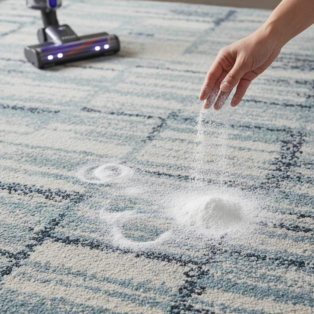 A close-up, top-down professional photo capturing a hand generously sprinkling a white powdery substance, clearly identifiable as baking soda, onto a section of a patterned or textured carpet. The carpet should subtly show hints of previous discoloration or faint, conceptual 'odor zones' that the baking soda is now covering. In the soft, blurred background, a modern vacuum cleaner is visible, subtly suggesting the next step in the cleaning process. The image should convey a sense of active cleaning and efficacy, with a bright, clean aesthetic suitable for a helpful guide.