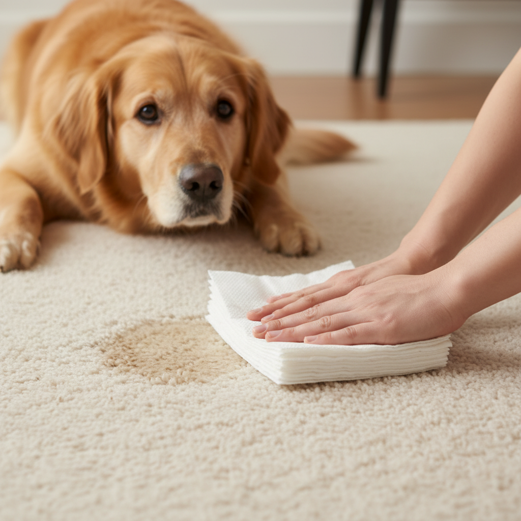 A warm, inviting professional photo depicting a real-life scenario. A friendly, medium-sized dog (e.g., a Labrador or Golden Retriever) sits attentively but slightly apologetically on a light-colored, cozy carpet. A small, slightly damp circular area is visible on the carpet nearby. A pair of human hands, entering from the side, are actively dabbing the wet spot with several layers of highly absorbent white paper towels, pressing down firmly to soak up liquid. The focus is on the immediate, decisive action to clean the accident. Style: Bright, well-lit professional photo with a shallow depth of field, focusing on the hands and carpet.