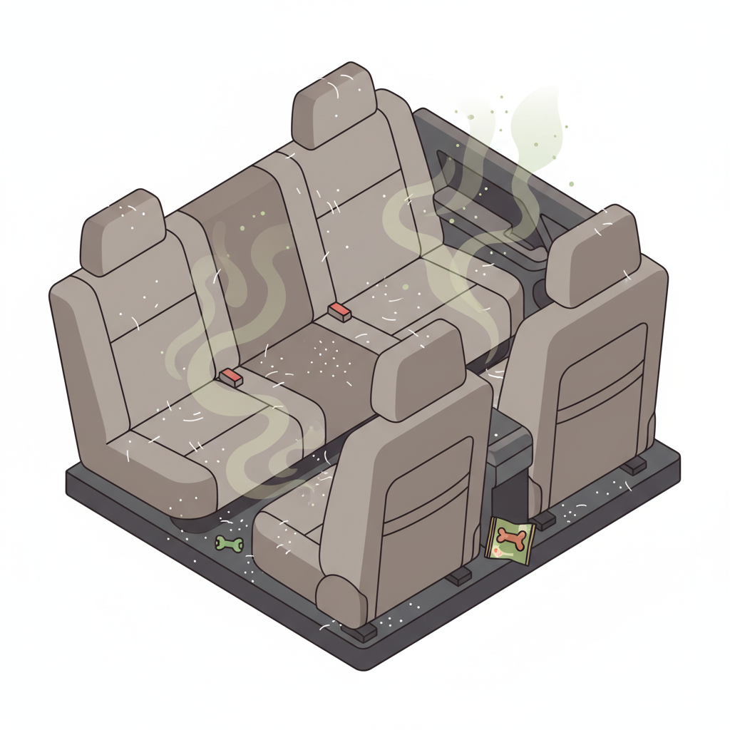A stylized, isometric flat illustration of a car's interior, specifically focusing on the back seats and floor. Visible dog hair strands, tiny dander particles, and faint, swirling green or brown vaporous lines emanate from the upholstery and carpet, visually representing unpleasant dog odor. The overall scene should convey a sense of a car that needs a deep clean, with a slightly muted or dull color palette, before restoration. The illustration should be clean, modern, and easily understandable for a blog context, without any human figures.