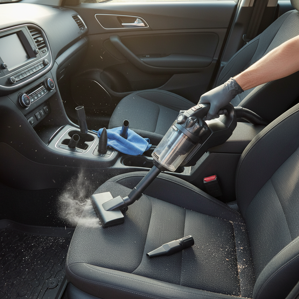 A professional, well-lit photo from an overhead perspective, showcasing a person's hands diligently vacuuming the interior of a car. A powerful, modern handheld car vacuum or a hose attachment from a larger vacuum is actively being used to suction dog hair and dirt from the car's fabric seats and carpeted floor mats. The scene should be clean and bright, emphasizing the process of deep cleaning, with different vacuum nozzles visible for detailed work. The car interior should appear significantly cleaner in the vacuumed areas, highlighting the effectiveness of the process.
