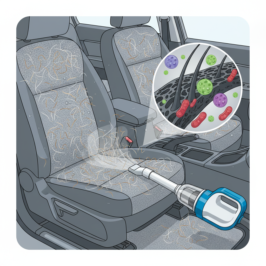 A vibrant flat illustration depicting the interior of a car, specifically focusing on a plush fabric car seat and floor mat. Scattered dog hairs are visibly embedded in the fabric. A subtle, almost invisible layer of moisture is hinted at on the surfaces, perhaps with faint wavy lines or dew-like elements. Overlaid or adjacent, a stylized microscopic view shows porous hair fibers trapping tiny odor molecules and bacteria. In the foreground, a powerful handheld vacuum cleaner with an attachment is actively suctioning a cluster of dog hairs from the car seat, emphasizing the first step of thorough cleaning. The overall feeling is clean, informative, and slightly technical.