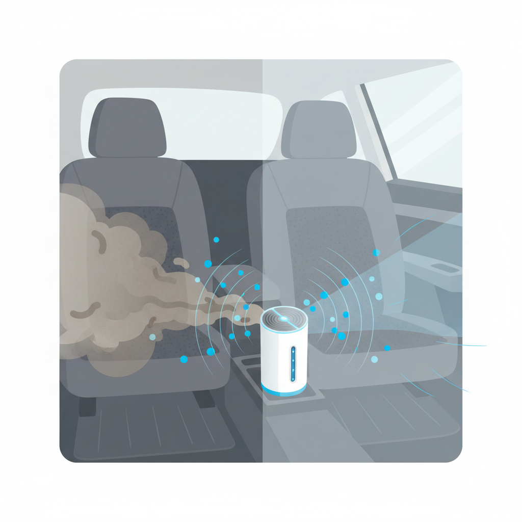 A clean, modern flat illustration depicting the interior of a car. On one side, a subtle, swirling greyish-brown cloud visually represents the unpleasant dog odor, emanating from a car seat or floor mat. In the center, a sleek, compact ozone generator device is placed. From the generator, small, energetic blue particles (representing ozone) are shown radiating outwards, actively merging with and dissolving the greyish-brown odor cloud. The overall impression is a transformation from a 'smelly' to a 'fresh' state, with the ozone particles neutralizing the source of the odor.
