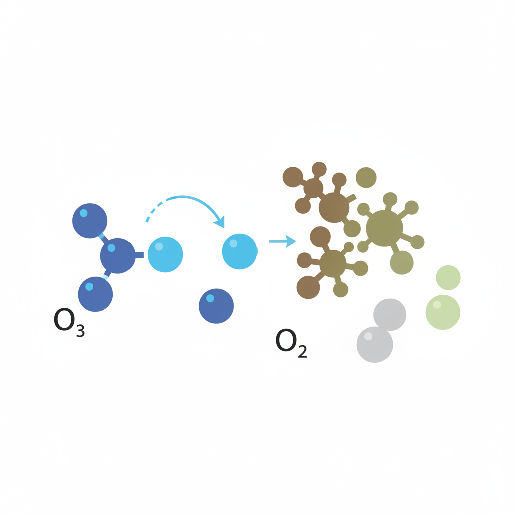 A detailed scientific illustration in a clean, vector style, showcasing the molecular action of ozone. On the left, a distinct ozone molecule (O₃) is clearly visible as three interconnected blue spheres, with one sphere slightly detached or highly reactive. On the right, a larger, irregular, muted brown-green shape represents a complex odor molecule. An arrow or visual path indicates the ozone molecule approaching the odor molecule. In the middle, the reactive oxygen atom from the O₃ is shown detaching and bonding with the odor molecule, visibly altering its structure and effectively neutralizing it into a smaller, simpler, inert form.