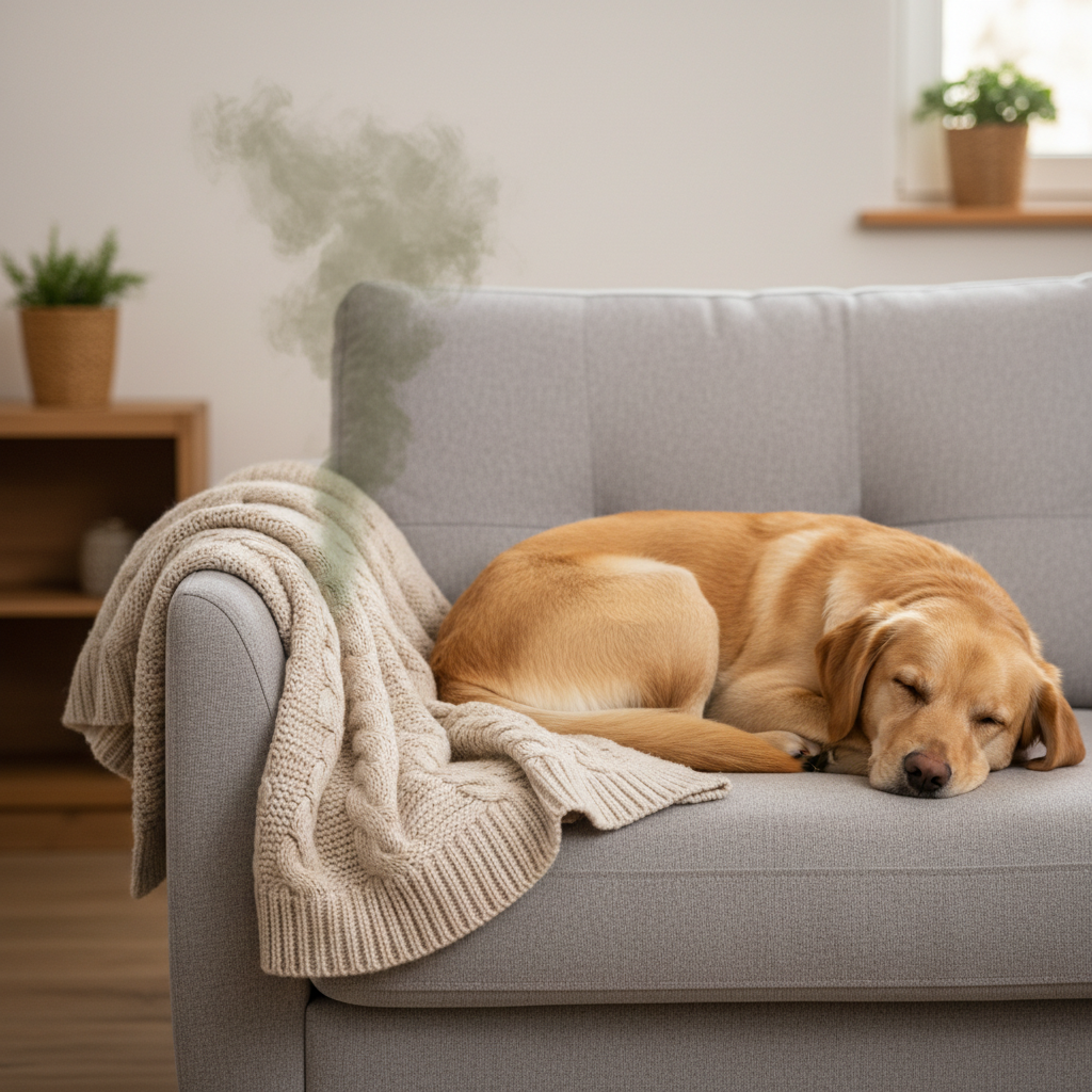 A soft, warm knitted blanket, perhaps in a neutral color like beige or grey, draped casually over a sofa arm or a bed. A subtle, transparent, smoky, and slightly greenish or brownish cloud emanates from the blanket's surface, abstractly symbolizing an unpleasant odor. A furry, medium-sized dog, possibly a golden retriever or labrador mix, is curled up comfortably on a different part of the sofa nearby, looking peaceful and content, completely unaware of the emanating smell from the blanket. The overall style should be a professional, warm-toned photograph with good depth of field, suitable for a cozy home blog.