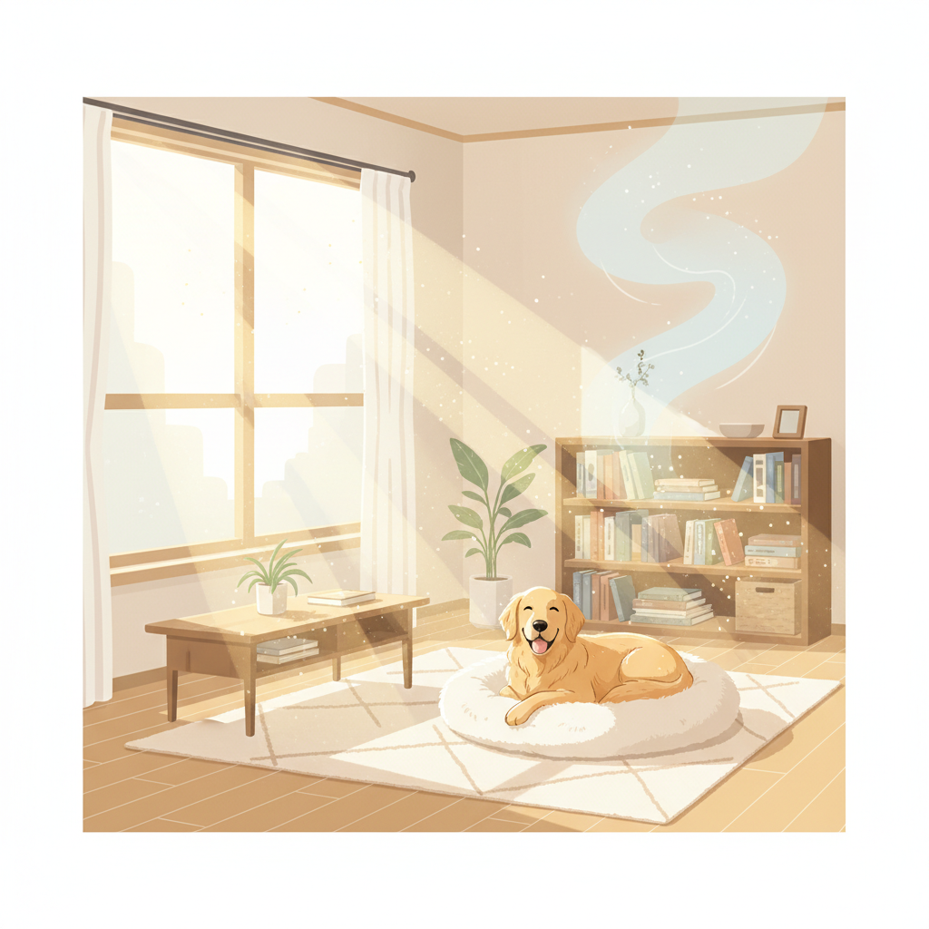 A warm, inviting living room scene. Sunlight streams through a window, illuminating dust motes dancing in the air, but the overall impression is one of crisp freshness. A well-groomed, happy dog (e.g., a Golden Retriever or Labrador) is comfortably resting on a clean, fluffy dog bed, looking content. The room features clean surfaces, a freshly vacuumed rug, and perhaps a subtle visual element suggesting air purification, like a gentle, barely visible swirling pattern representing fresh air. The aesthetic should be clean, bright, and airy, conveying a sense of renewed freshness and a pleasant environment for both humans and pets. Flat illustration style with soft colors.