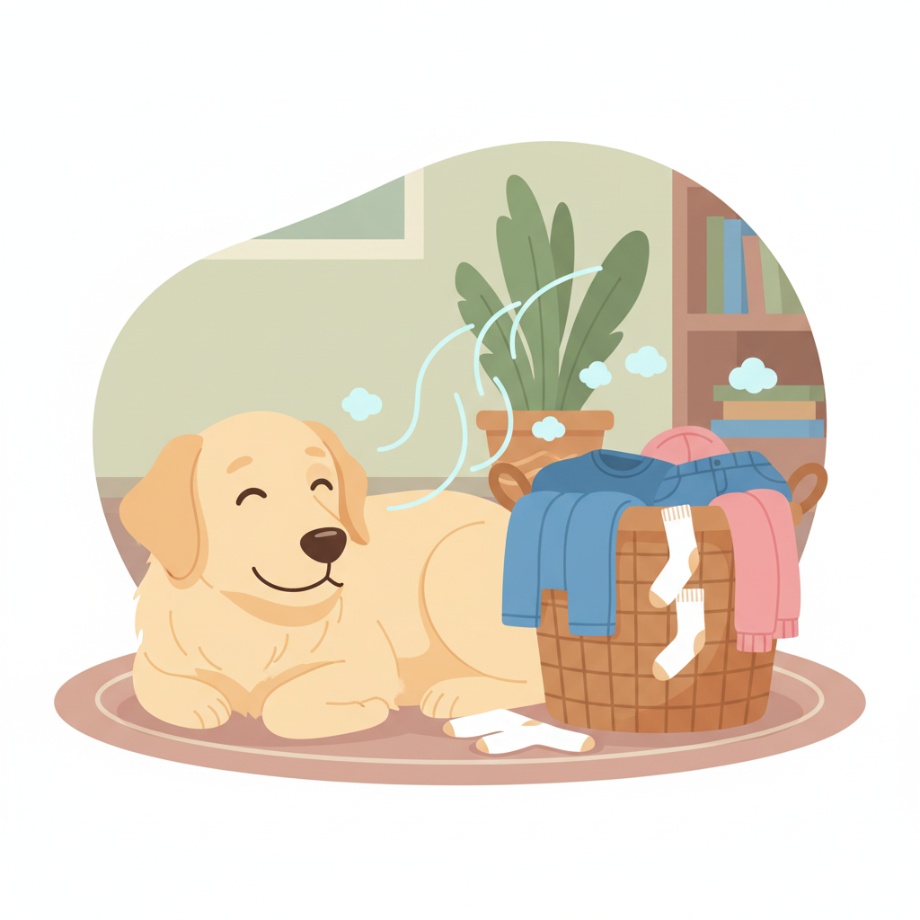 A vibrant, friendly flat illustration depicting a happy, medium-sized dog, perhaps a retriever or a mixed breed, looking content. The dog is positioned near a slightly overflowing laundry basket containing various items of clothing (e.g., a t-shirt, a pair of jeans). Subtle visual cues indicate the transfer of unseen elements, such as a soft, almost imperceptible aura or stylized 'scent' lines emanating from the dog towards the fabric. The overall mood should be relatable for a pet owner, highlighting the common source of the odor problem.