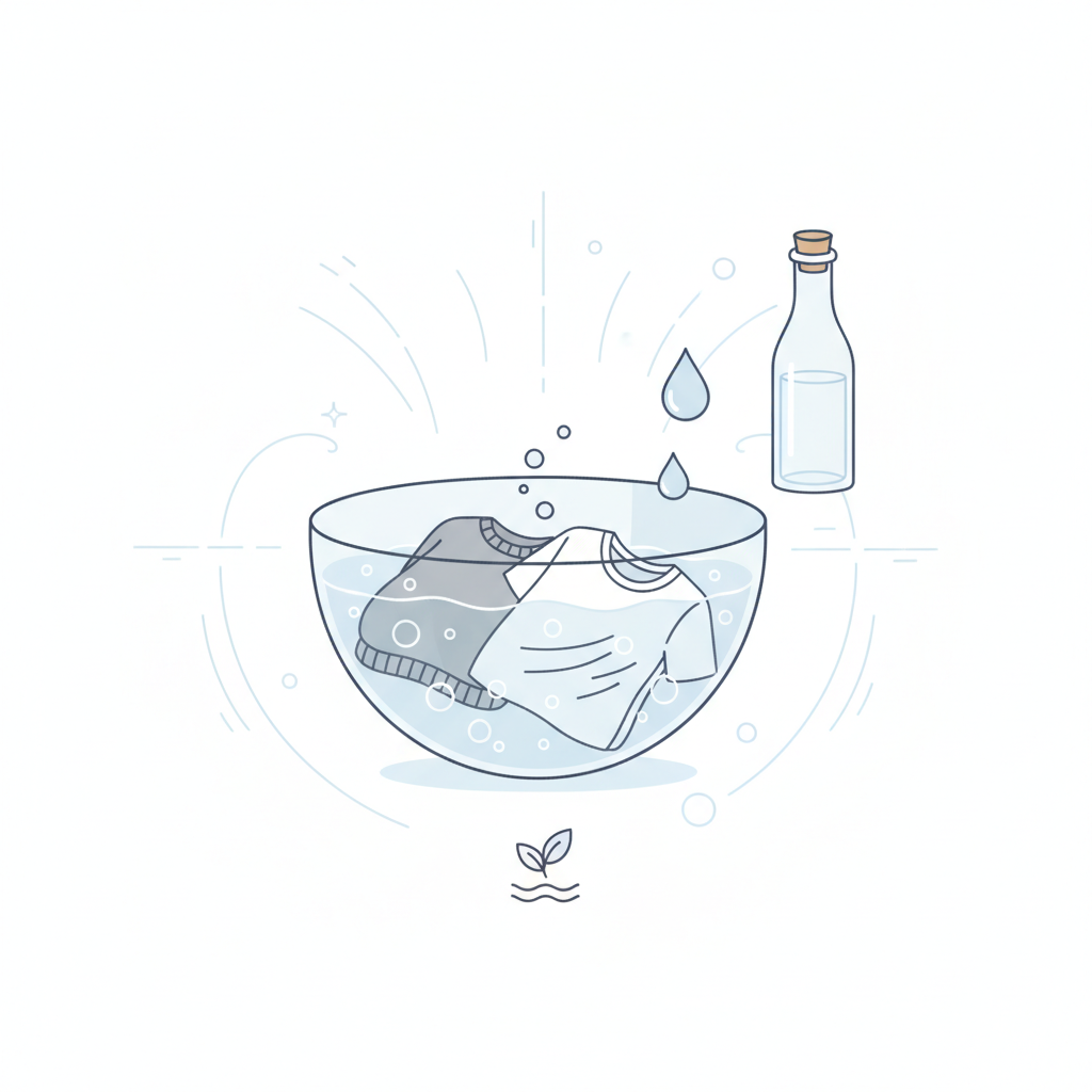 A clean, minimalist infographic style illustration showcasing a clothes-soaking process. The central focus is a clear glass bowl or a pristine white tub, where a few pieces of clothing (e.g., a grey sweater, a white t-shirt) are submerged in a translucent liquid. Next to the bowl, a simple, unlabeled bottle representing white vinegar is clearly visible. The background is bright and uncluttered, emphasizing the concept of purification and effective odor neutralization, leading to fresh results.