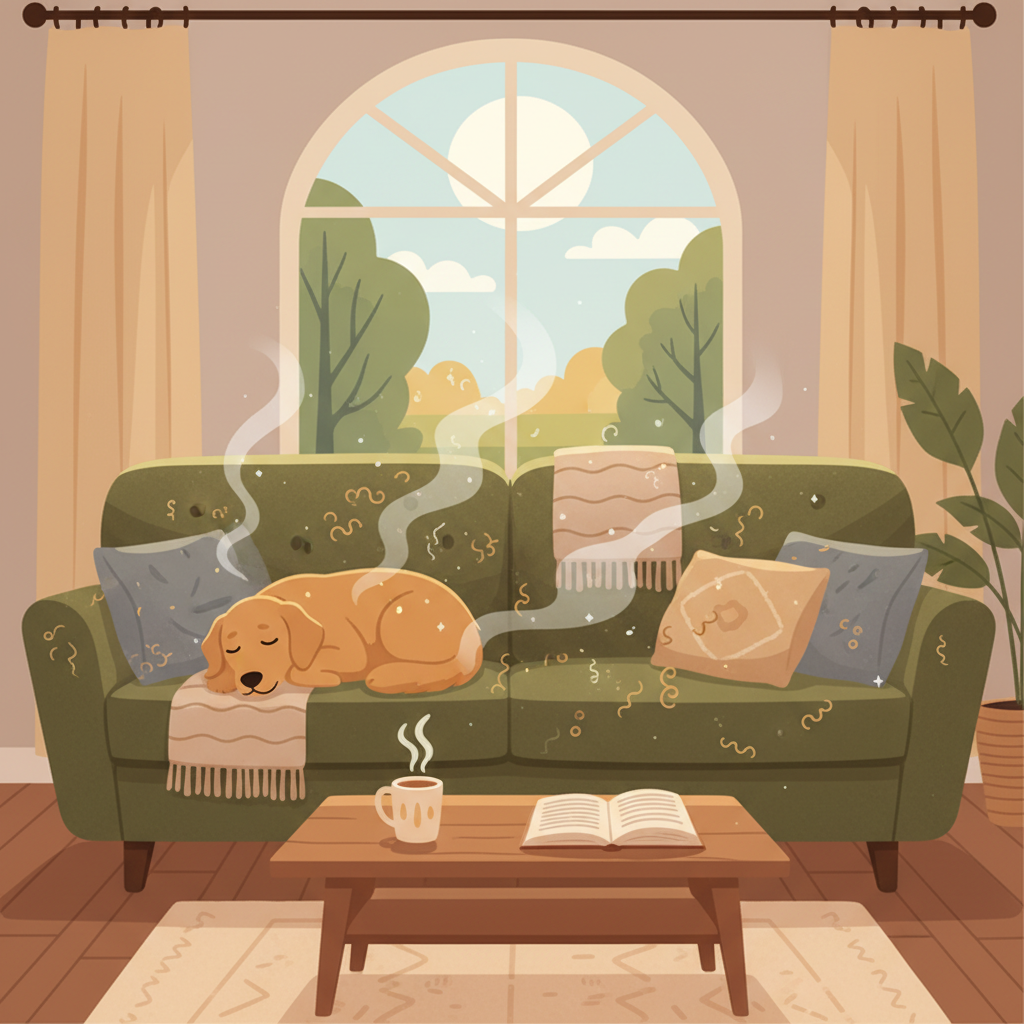 A vibrant flat illustration depicting a cozy living room scene. A comfortable sofa is central, with a contented dog sleeping on one end. Subtle, transparent wavy lines or faint cloud-like wisps emanate from the sofa cushions where the dog rests, symbolizing the hidden dog odor. Small, stylized particles representing dog hair, dander, and oil droplets are visible embedded within the fabric texture of the sofa, highlighting how odors accumulate at a microscopic level. The overall atmosphere should suggest comfort mixed with a hint of an underlying issue.