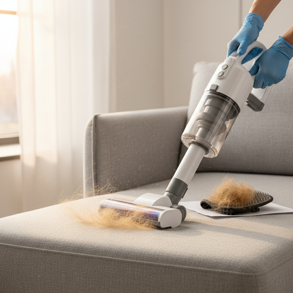 A bright and clean professional photo capturing the active process of removing dog hair and dirt from a sofa. A person's hands are visible, holding a modern vacuum cleaner with a specialized upholstery attachment, diligently cleaning a section of the sofa. Loose dog hair and dust particles are visibly being drawn into the vacuum. In the background, out of focus, a small pile of collected dog hair is visible, perhaps next to a rubber glove, emphasizing the thoroughness of the pre-cleaning steps. The scene should convey efficiency and cleanliness.