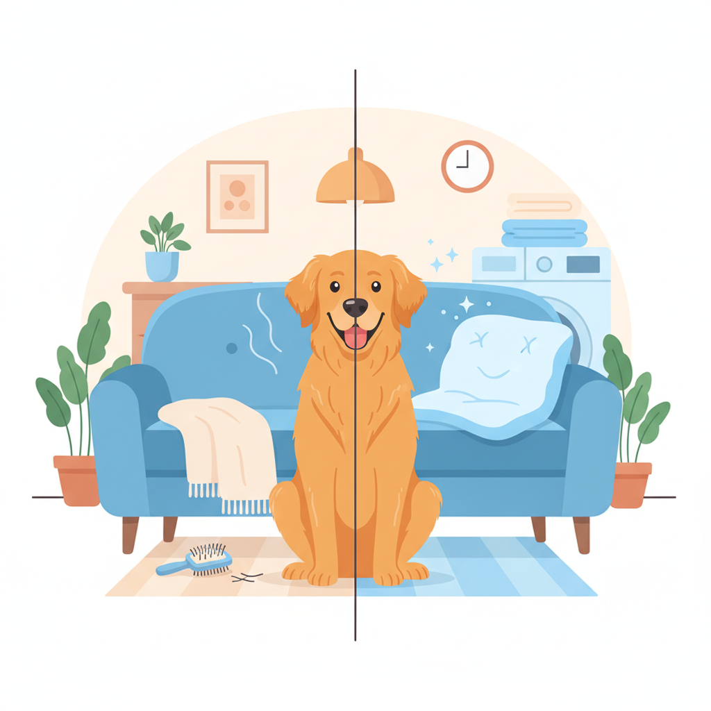 A vibrant, clean flat illustration depicting a cozy living room scene. On one side, a plush sofa cushion and a dog's blanket show subtle visual cues of being less than fresh – perhaps slightly duller colors or very faint, stylized 'odor swirls' barely visible. On the other side, the same textile items appear noticeably brighter and crisper, radiating a sense of cleanliness. A happy, well-groomed dog sits contentedly, bridging the two states. Nearby, subtle elements like a clean grooming brush and a washing machine drum are visible in the background, hinting at the preventative and cleaning measures. The overall impression should be of transformation from a slight odor to complete freshness without explicitly showing the smell.