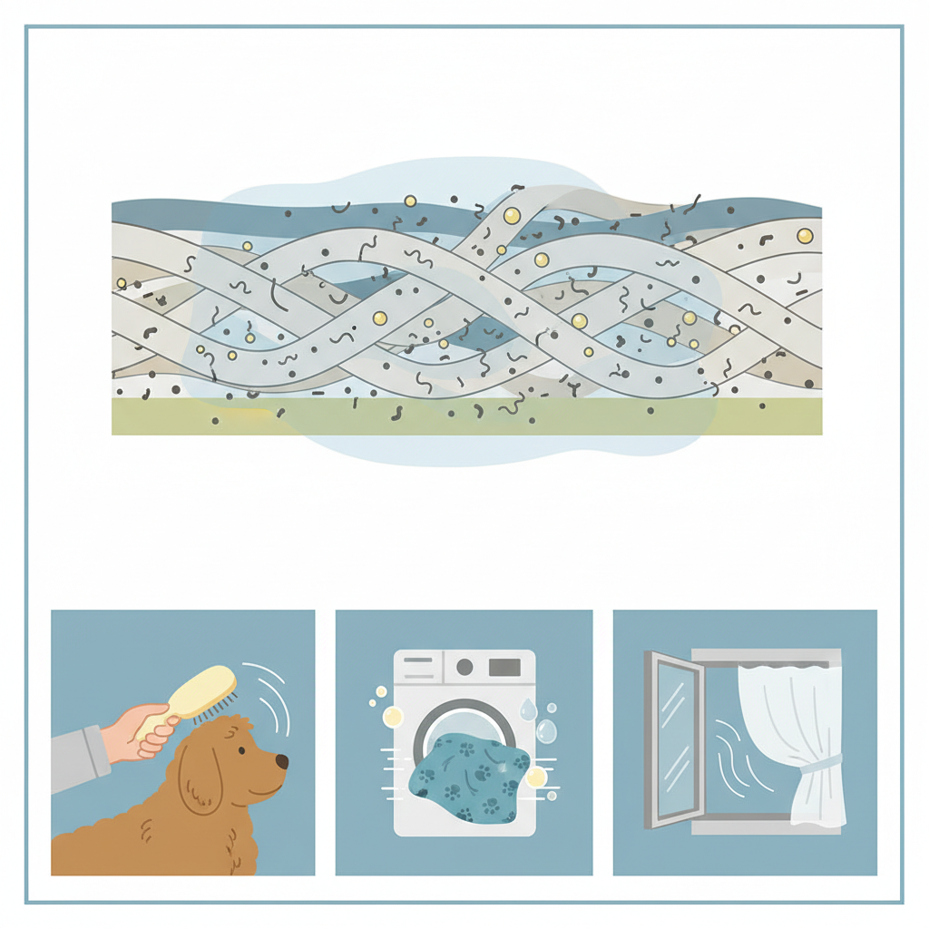 An infographic-style illustration explaining the origin of dog odor on textiles and key prevention methods. One section shows a highly magnified, stylized view of textile fibers with tiny, abstract 'odor particles' (e.g., small grey dots, squiggly lines) embedded within them, hinting at how oils and bacteria cling. Another section features three distinct visual icons arranged cleanly: a hand gently brushing a dog's fur, a washing machine tumbling a dog blanket, and an open window with subtle wind lines indicating fresh air circulation. The style should be clean, modern, and easy to understand, using a cohesive color palette to convey information purely visually.