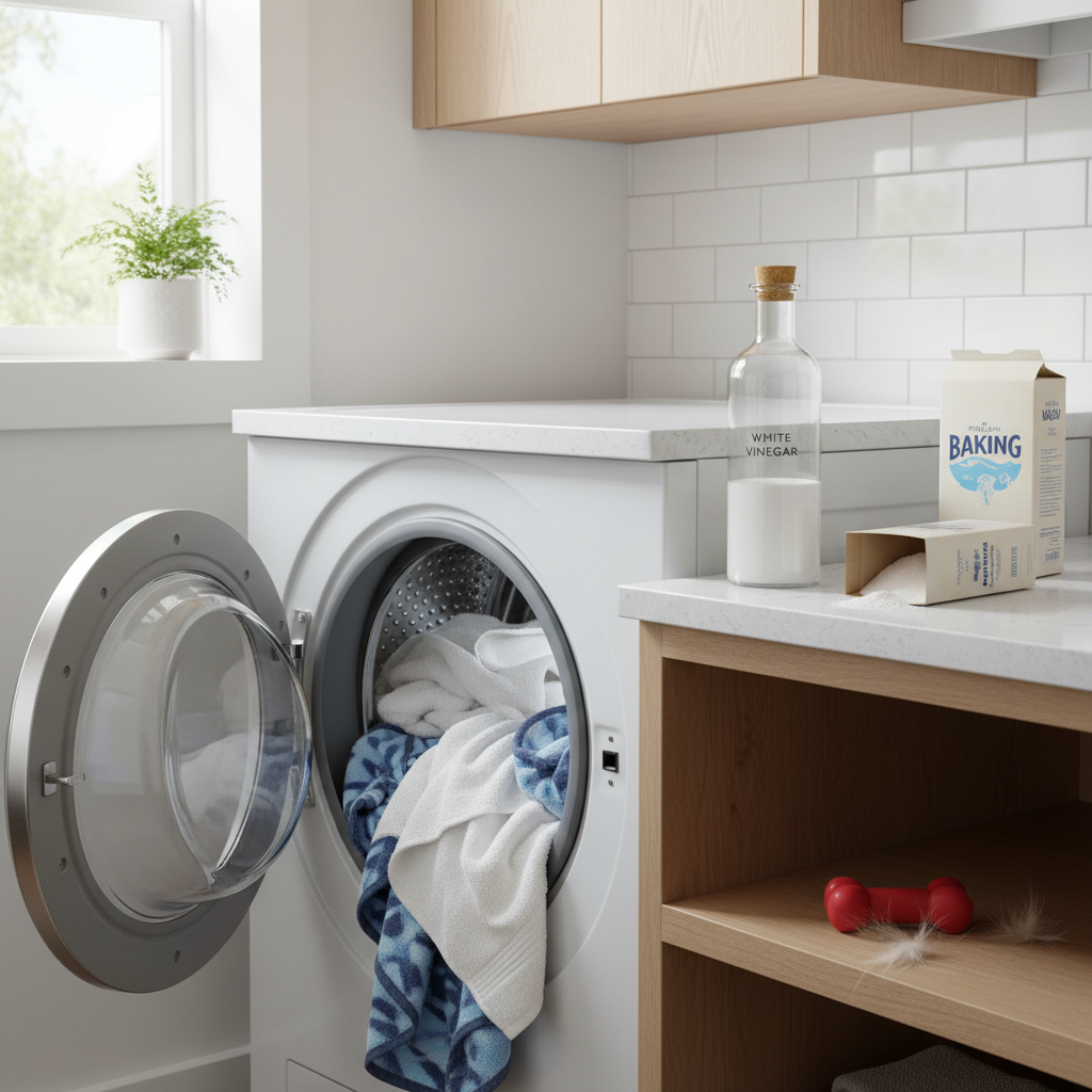 A vibrant, professional photo of a modern laundry room scene. The focal point is an open washing machine drum containing a few clean, fluffy towels and a dog's blanket, all appearing fresh. On a pristine countertop next to the machine, a clear glass bottle of white vinegar and an open box of baking soda are neatly arranged, indicating common odor removal solutions. A small, clean dog toy or a freshly brushed dog's fur is subtly visible, hinting at the context. The overall impression is one of cleanliness and freshness, successfully tackling pet odors.