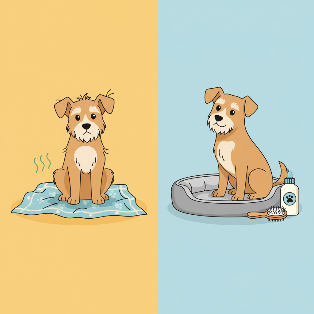 A clean, modern flat illustration divided into two distinct vertical panels. The left panel depicts a slightly disheveled dog with a few loose hairs, perhaps near a somewhat rumpled dog blanket on the floor, subtle wavy lines emanate from the blanket to represent odor. The right panel shows the same dog, now looking impeccably groomed, sitting calmly next to a freshly cleaned, neatly folded dog bed. Various grooming tools like a brush and a bottle of dog shampoo are visible on the right side, symbolizing preventative measures. The color palette is bright and inviting, contrasting the slight untidiness of the left with the pristine freshness of the right.