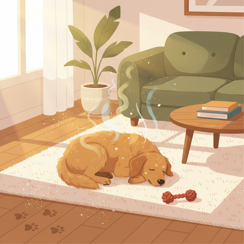 A cozy, sunlit living room scene rendered in a soft, flat illustration style. A fluffy, medium-sized dog is comfortably napping on a textured rug. Subtle, translucent 'odor' wisps or small, almost invisible scent particles are depicted emanating from the dog's fur, the rug, and faint, dried paw prints leading across the wooden floor. A discarded dog toy lies nearby. The overall impression is a common household setting where dog-related odors might accumulate, emphasizing the various sources mentioned in the article like natural oils, hair, and dander.