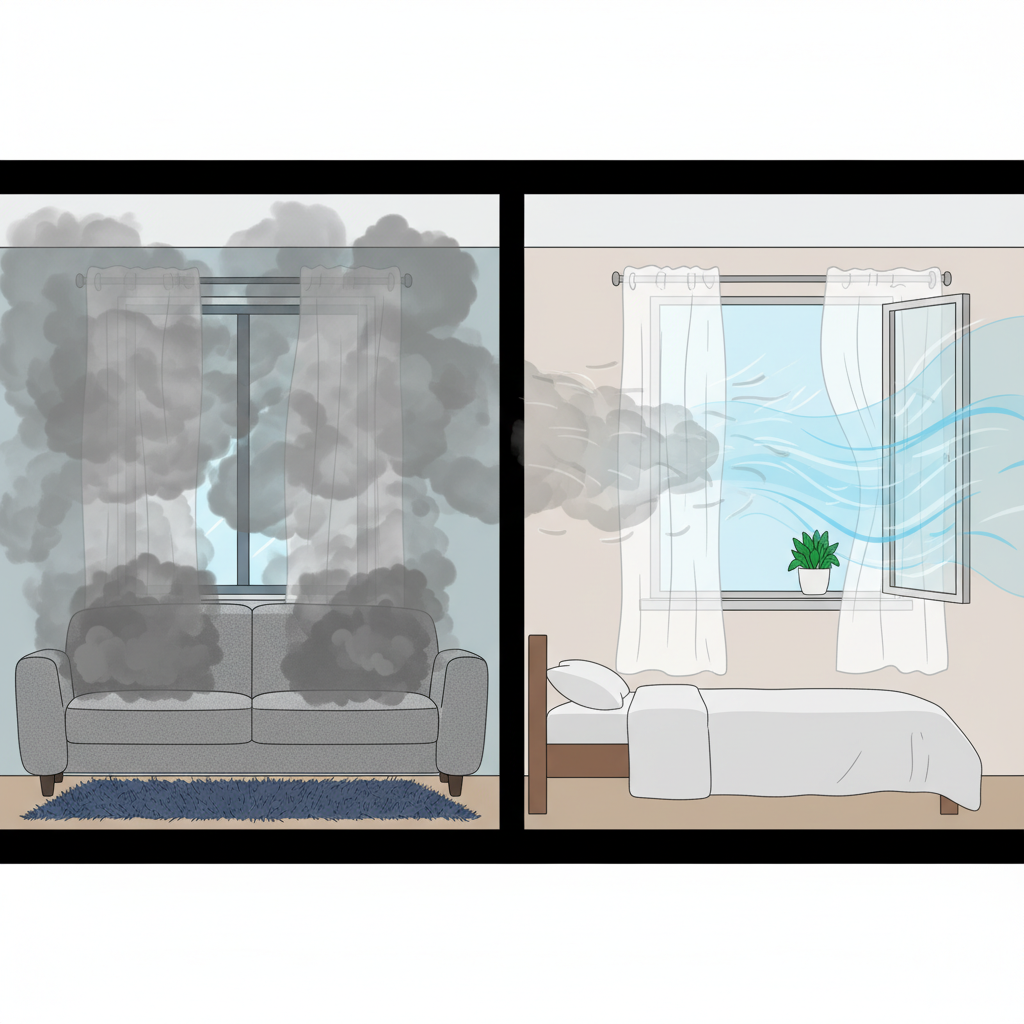 An infographic-style illustration depicting the interior of a multi-room apartment, viewed as if looking through a cross-section. In one section, opaque, smoky grey odor clouds are visually thick and concentrated, clinging to fabrics like a sofa and carpet, and lingering in the air. This contrasts with another section of the apartment where fresh, light blue or white air currents flow freely through an open window, pushing out the last wisps of the grey odor, signifying improved ventilation and freshness. The transition from stale to fresh should be clear, illustrating the concept of odor accumulation and dispersion.