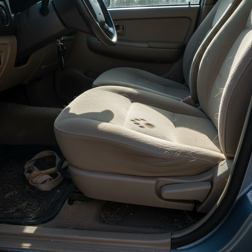A detailed, slightly melancholic professional photo of the interior of a car. A dog's paw print is visible on a worn fabric car seat, with a few stray dog hairs clinging to the upholstery. The floor mat beneath shows subtle signs of dirt and dampness, hinting at past outdoor adventures. The overall scene suggests a lived-in vehicle that could benefit from a refresh, subtly conveying the persistent presence of pet odors without explicitly showing smells. Focus on natural light and texture.