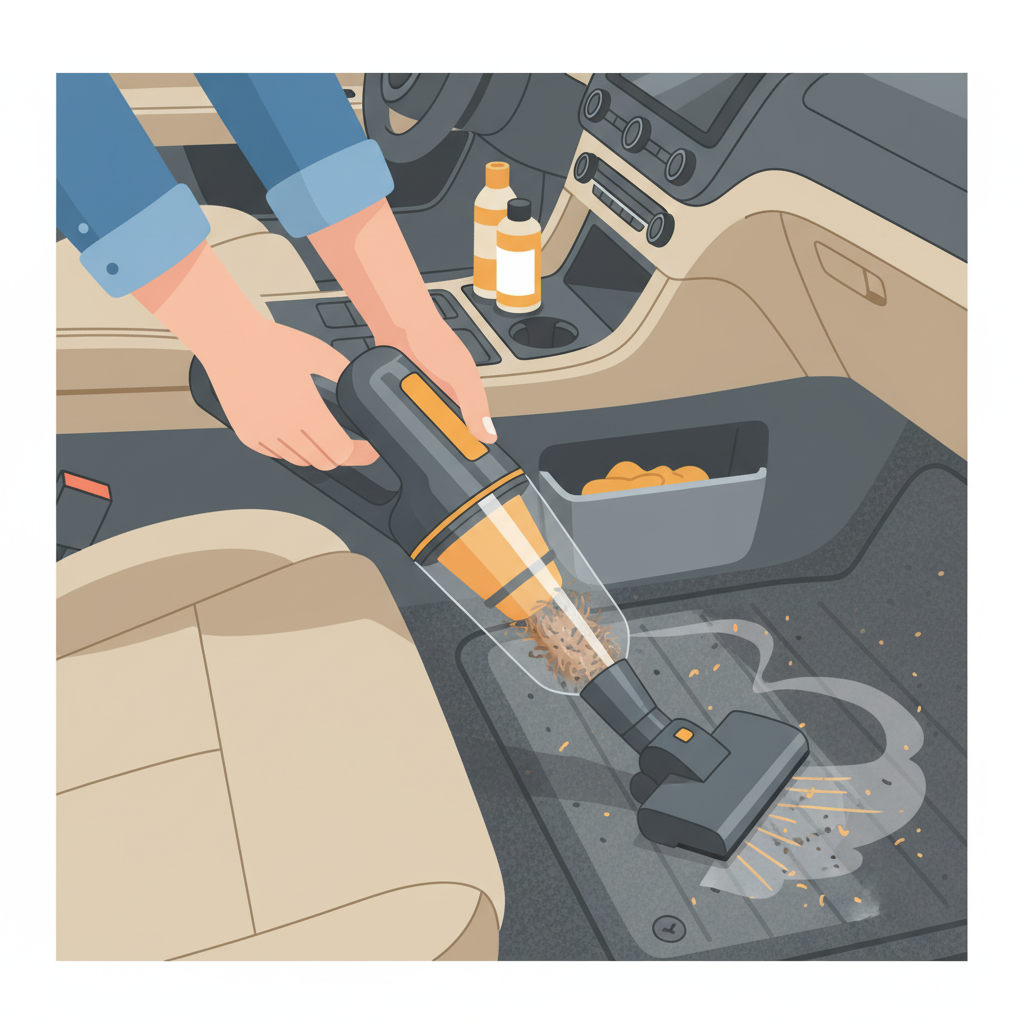 A vibrant, clean flat illustration depicting a person's hands operating a powerful car vacuum cleaner. The vacuum nozzle is meticulously moving across a plush car floor mat, effectively lifting visible dog hairs and fine dirt particles. The surrounding car interior is simplified but suggests an organized space, highlighting the active process of thorough preparation before deeper cleaning. The focus is on precision and the initial step of decluttering and vacuuming.