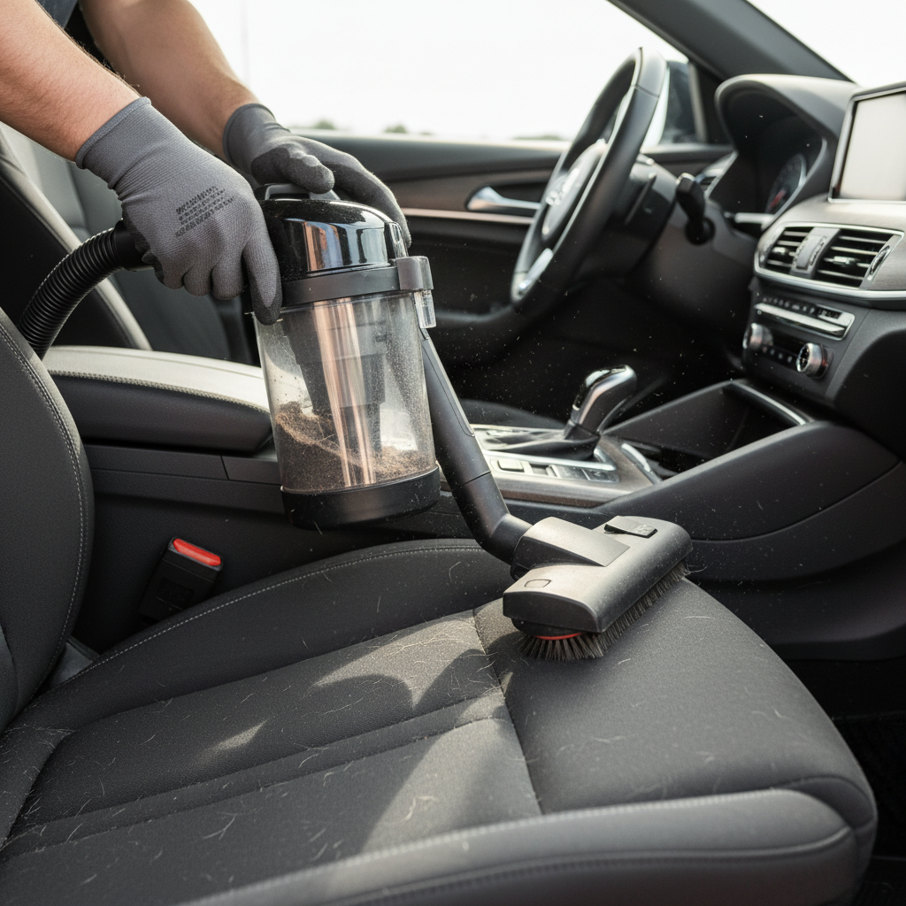 A professional photo of a bright, clean car interior. A person's hands, wearing work gloves, are meticulously using a powerful car vacuum cleaner with a brush attachment on a fabric car seat. A few stray dog hairs are visible on a small uncleaned patch, contrasting with the visibly cleaner, refreshed area that has already been vacuumed. The lighting is natural and inviting, highlighting the texture of the car's upholstery and the efficiency of the cleaning process.