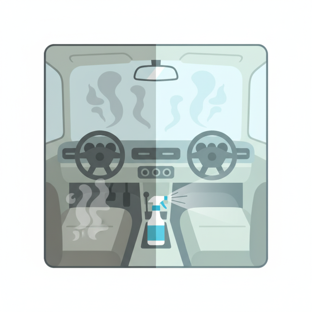 A flat illustration in a clean, infographic style, depicting a car interior being revitalized. Stylized, swirling grey vapor representing unpleasant odors is visibly dissipating from the car seats and floor. A generic, unlabeled spray bottle, implying a cleaning solution, is subtly shown near the affected area, contributing to the dissipation. The overall atmosphere transitions from slightly murky to bright and fresh, symbolizing the effective removal of odors and a return to cleanliness.